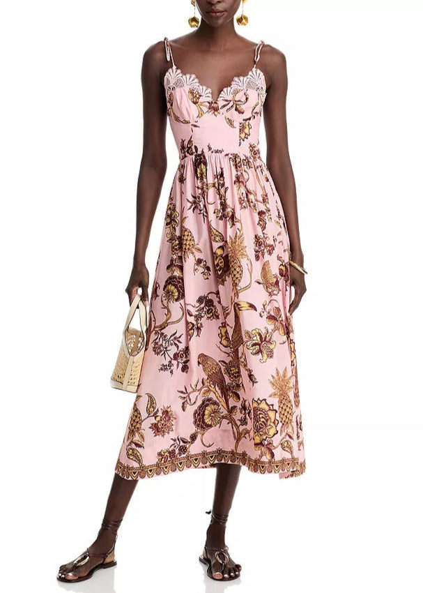 FARM Rio Pink Tropical Landing Lace Midi Dress