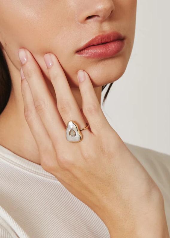 Chan Luu 14K Gold White Pearl + Diamond Slice Ring