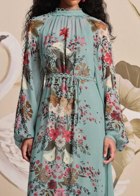 FARM Rio Beauty Bouquet Blue Long Sleeve Maxi Dress