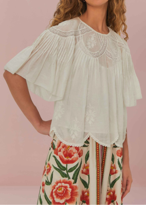 FARM Rio Off-White Embroidered Short Sleeve Blouse