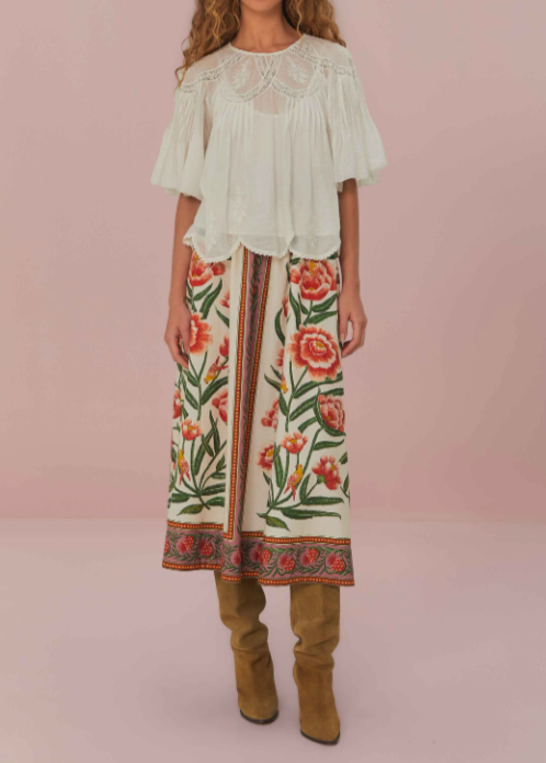 FARM Rio Off-White Embroidered Short Sleeve Blouse