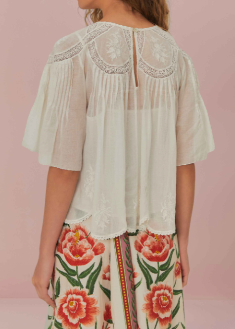 FARM Rio Off-White Embroidered Short Sleeve Blouse