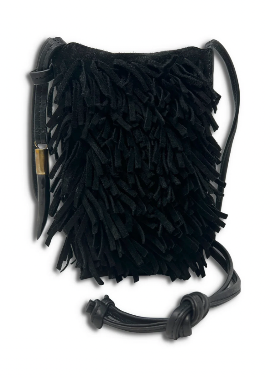 Kempton & Co. Mini Sling Bag Black Suede Fringe