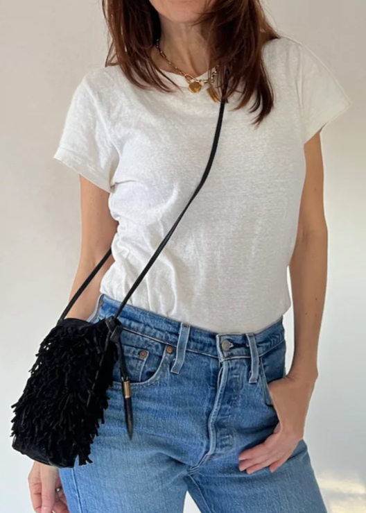 Kempton & Co. Mini Sling Bag Black Suede Fringe