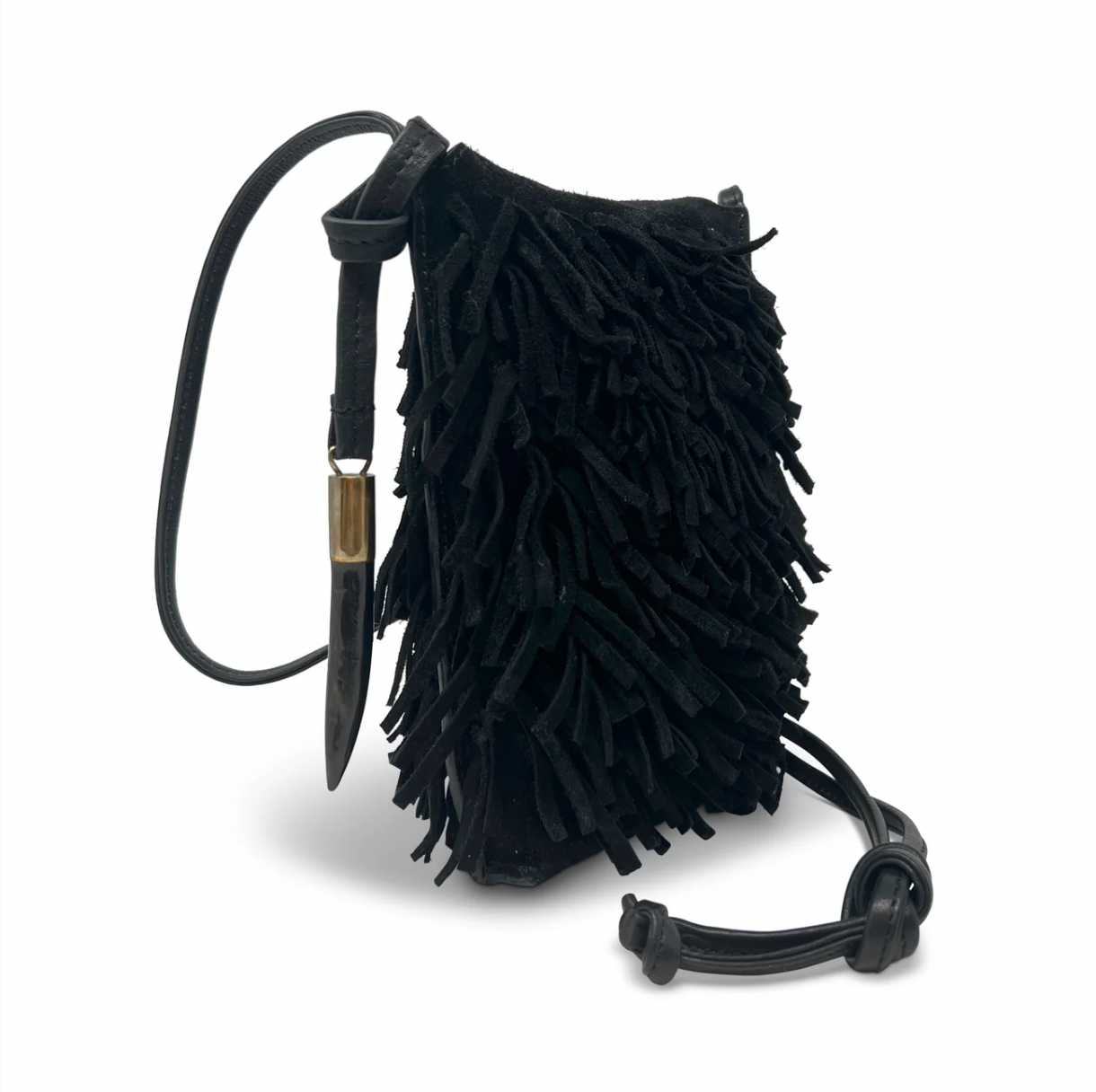 Kempton & Co. Mini Sling Bag Black Suede Fringe