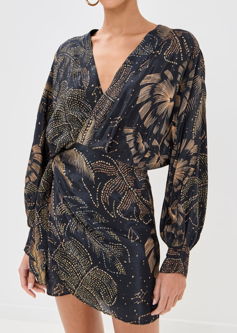 FARM Rio Golden Foliage Black Mini Dress Puffy Sleeve